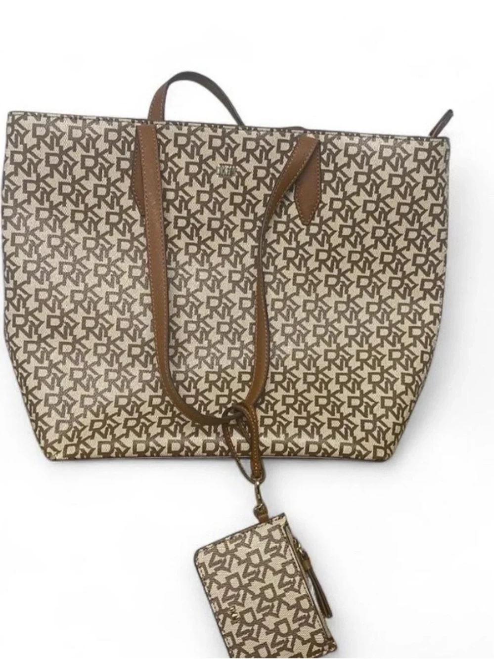 DKNY Brown and Cream Monogram Canvas Tote with Tan Leather Trim